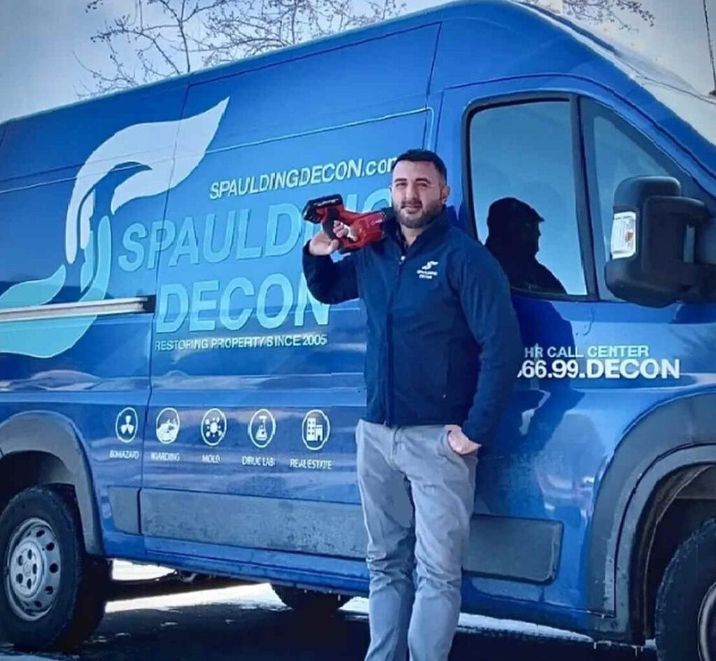 A man stands beside a blue van, representing Spaulding Decon Minneapolis, experts in biohazard and hoarding cleanup